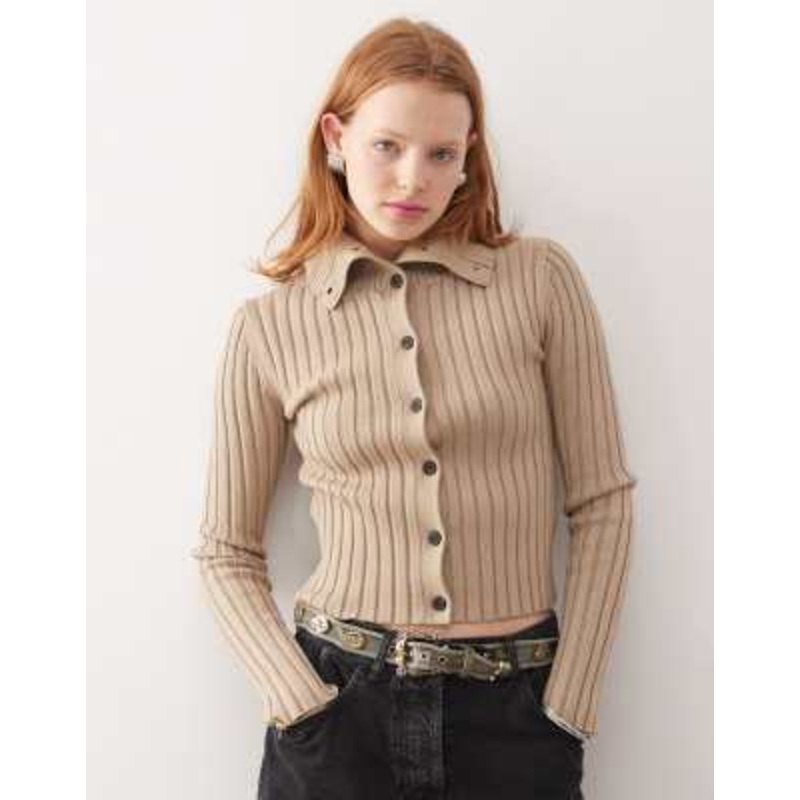 Weekday Jackie chunky rib knit cardigan with high neck in beige