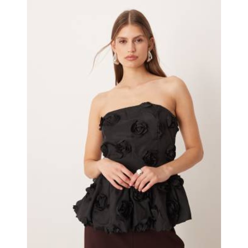 YAS 3D floral applique bandeau top in black