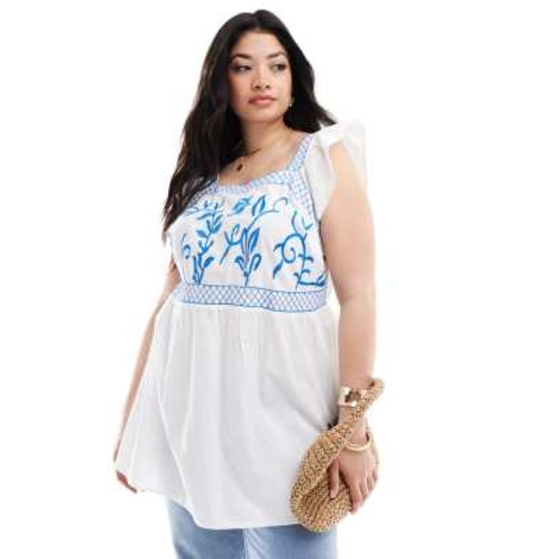 Yours embroidery peplum top in blue and white