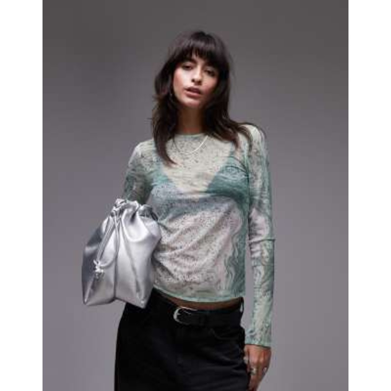 & Other Stories mesh long sleeve top in green marble print