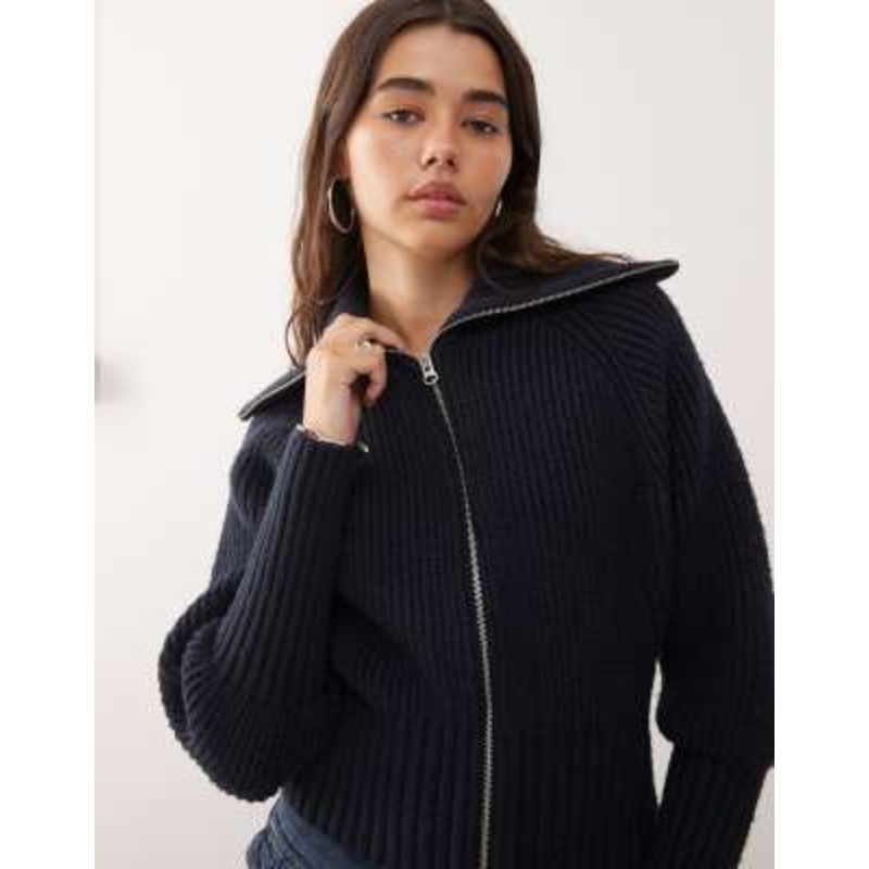 Weekday ribbed knit zip up cardigan in dark blue