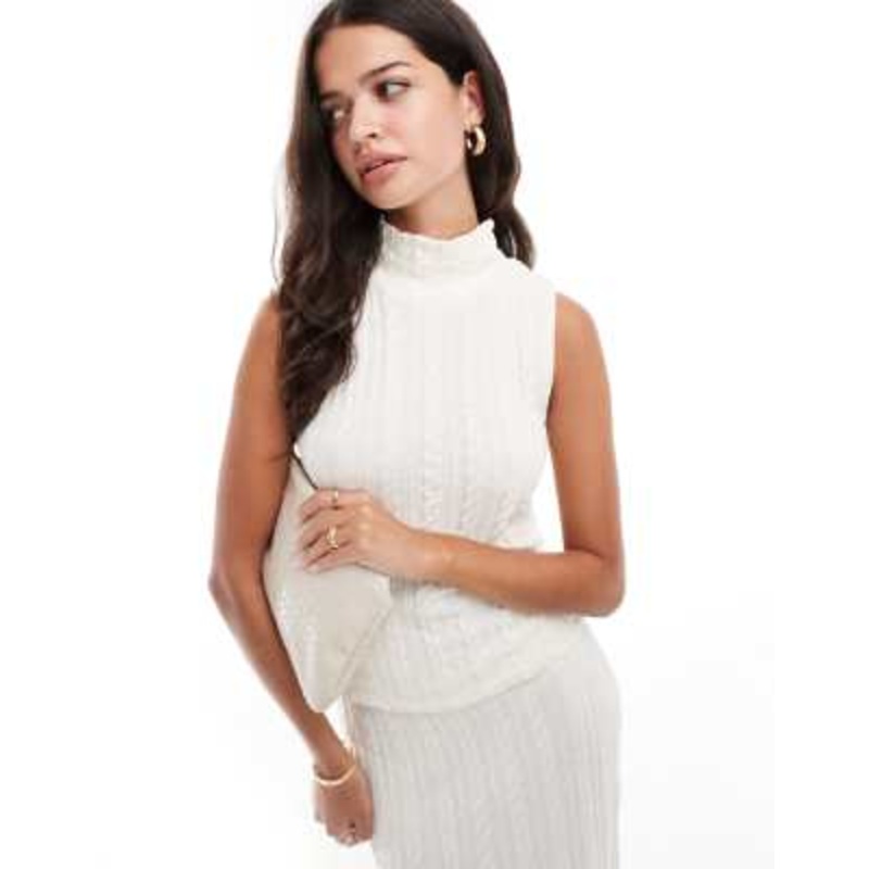 YAS cable knit cutaway racer neck tank top in cream – part of a set