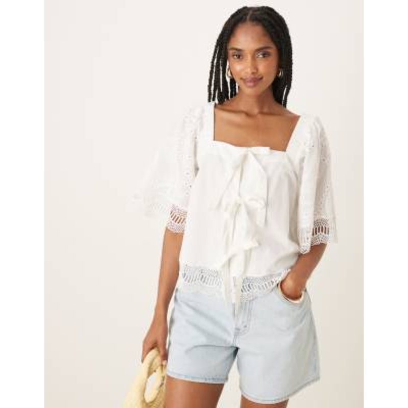 YAS crochet trim tie front square neck blouse in white