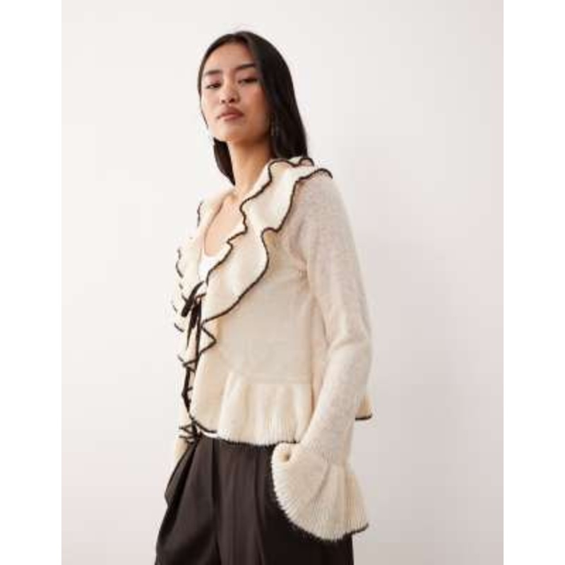 YAS constrast frill detail tie front cardigan in birch cream