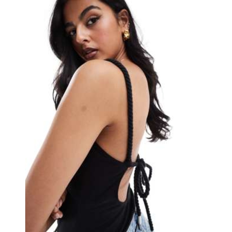 & Other Stories double lined bodysuit with ruched neckline and rope tie back in black