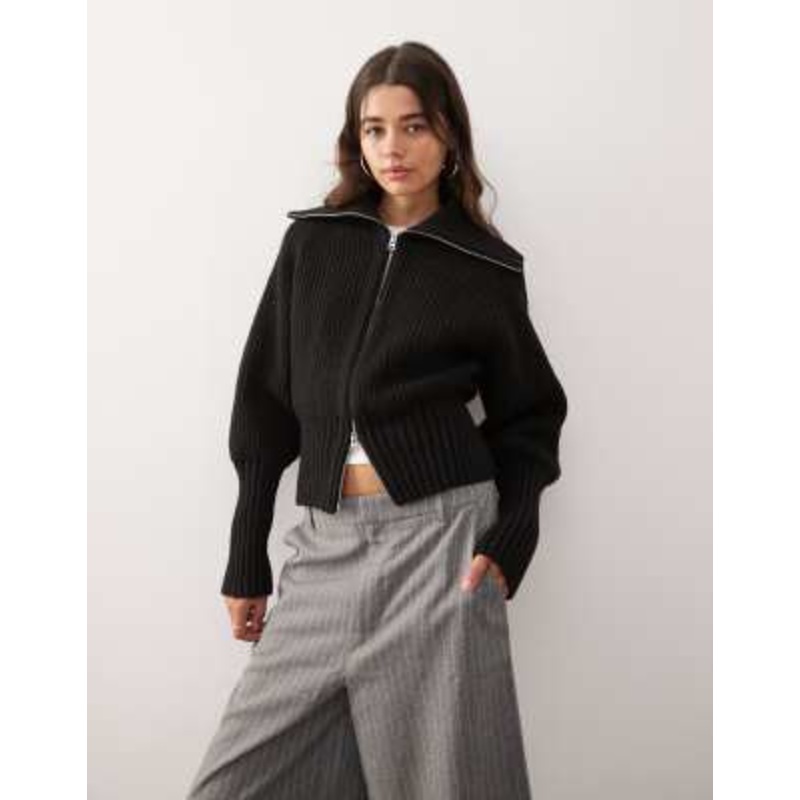 Weekday ribbed knit zip through cardigan in black