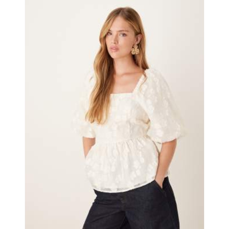 YAS puff sleeve jacquard woven top in cream