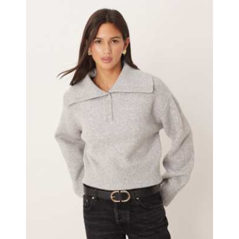 YAS rib knit polo shirt in medium heather gray