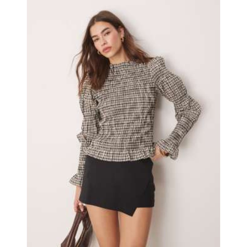 YAS shirred detail long sleeve top in check print
