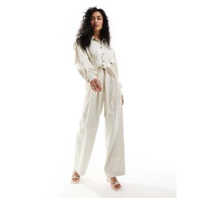& Other Stories long sleeve jumpsuit with button front and tie waist in light beige