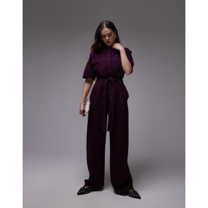 & Other Stories wide leg stretch jumpsuit with tie waist and utility pockets in dark lilac