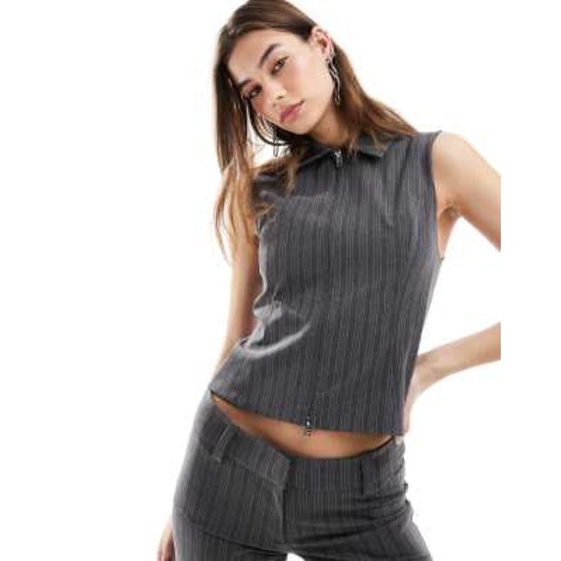 Weekday Fuji zip up tank top in gray pinstripe – part of a set