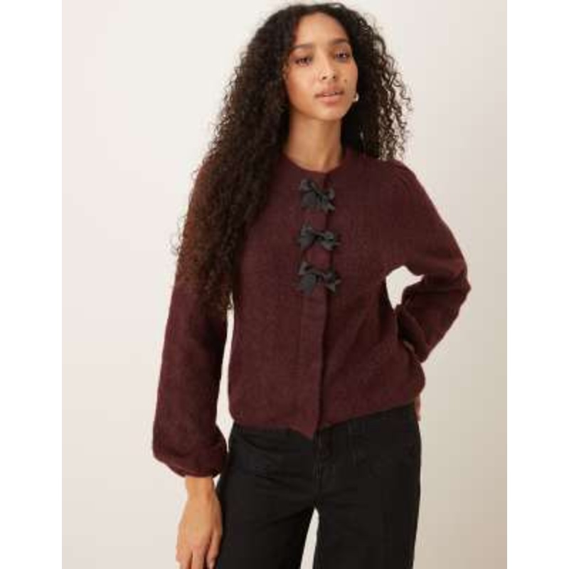YAS super soft bow detail wool blend cardigan in burgundy