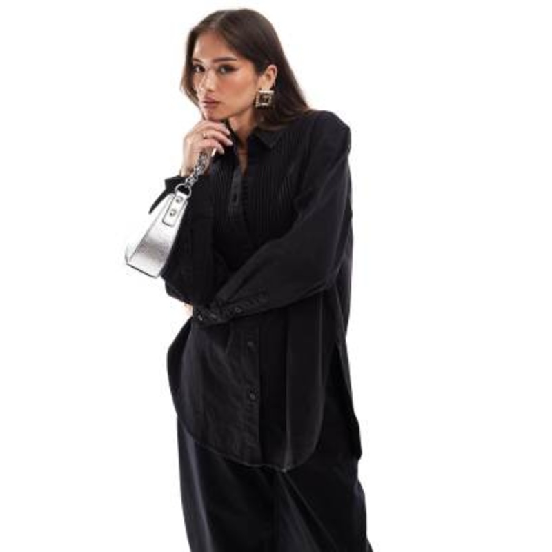 & Other Stories denim shirt with pleat detail in black