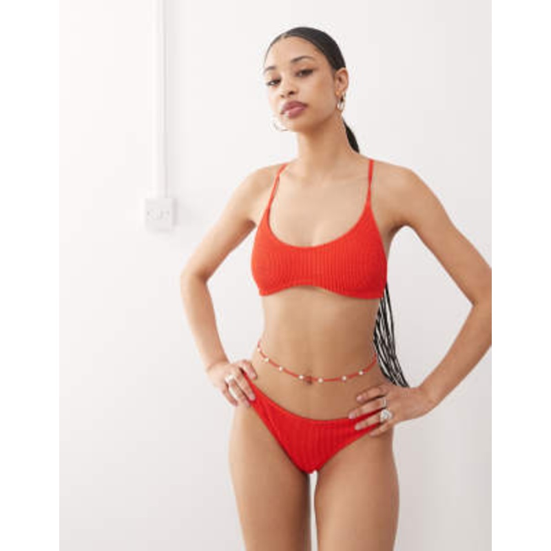 Weekday Sun crinkle scoop neck bikni top in red – Exclusive to