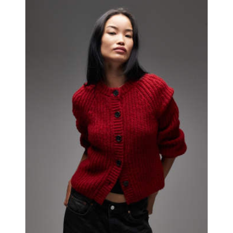 & Other Stories alpaca and wool chunky knit cardigan with balloon sleeves in red
