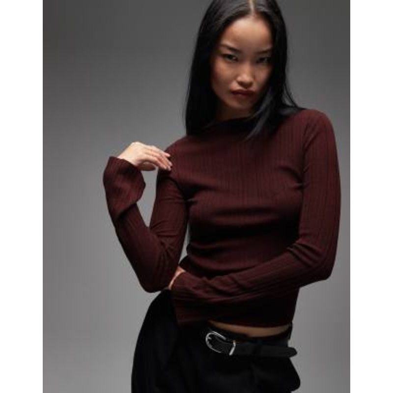 & Other Stories pure merino wool rib knit top with flare sleeves in dark red