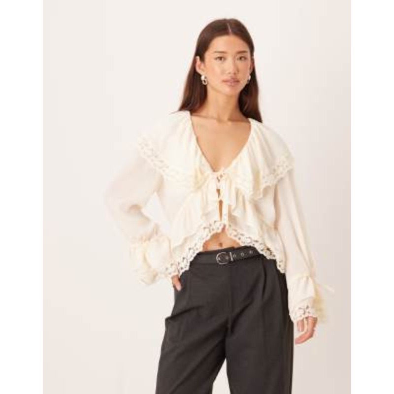 YAS lace trim ruffle boho blouse in birch cream