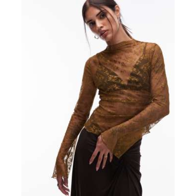& Other Stories stretch lace long sleeve top with ruched side in brown