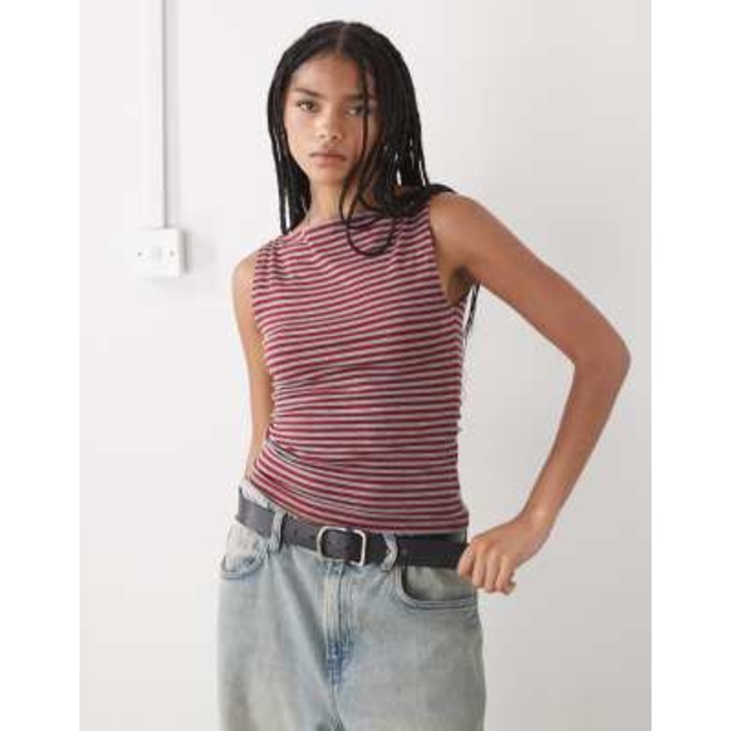 Weekday Annie boat neck tank top in red and gray stripe