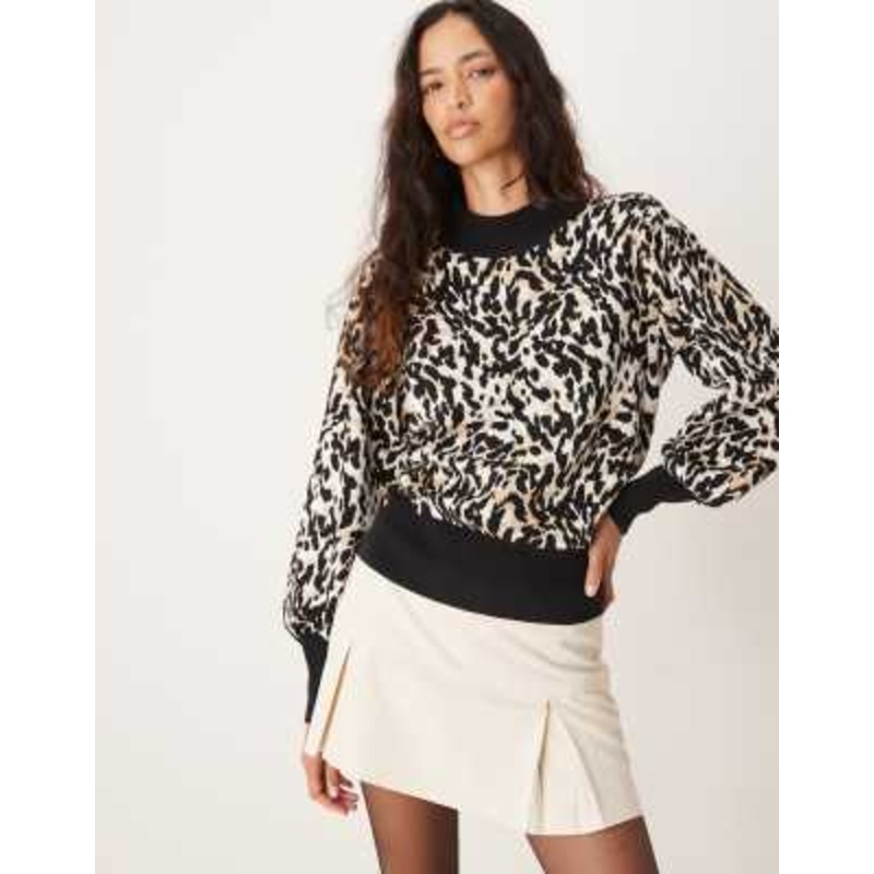 YAS high neck puff sleeve sweater in leopard print