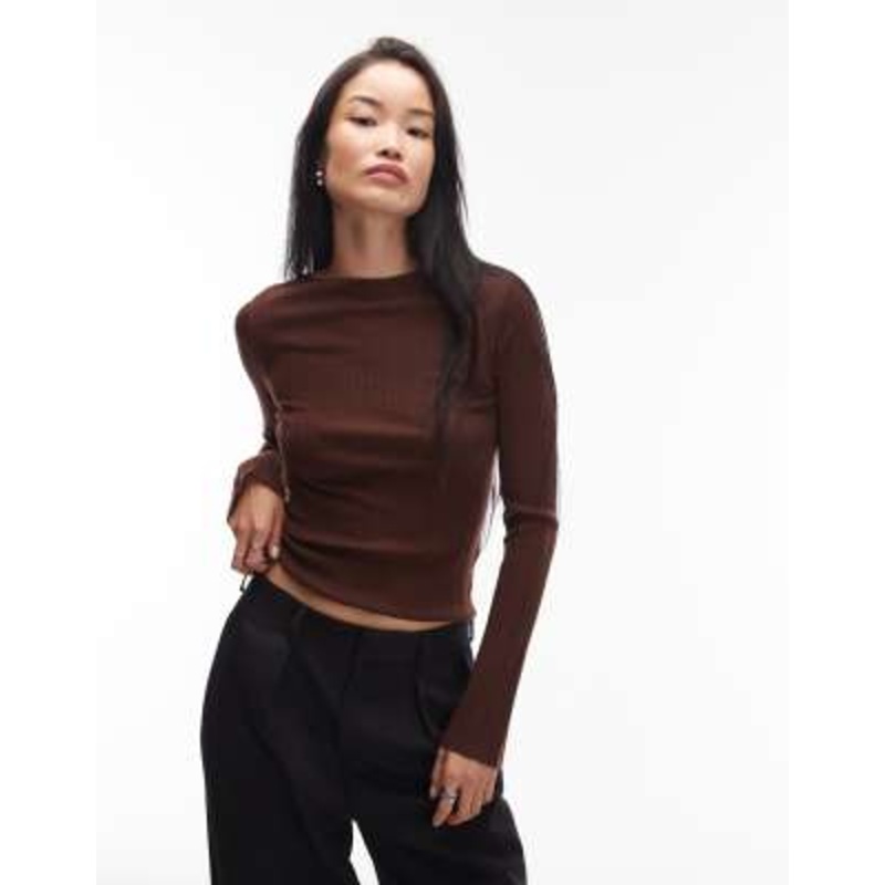 & Other Stories pure merino wool rib knit top with flare sleeves in dark brown