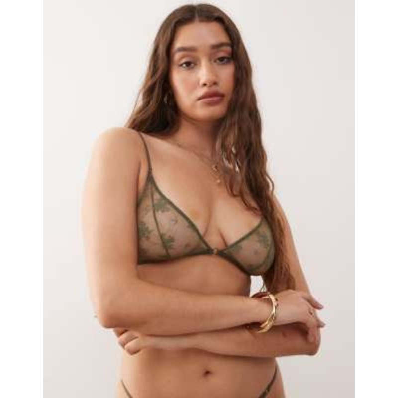 Weekday lace triangle bra in khaki green