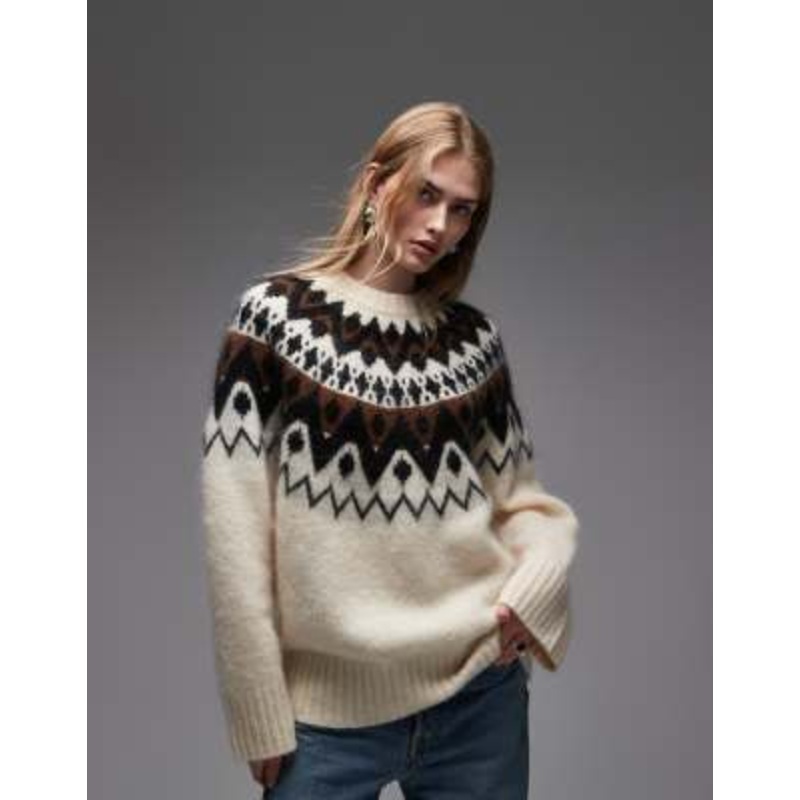 & Other Stories mohair and wool blend fair isle style knit sweater with brown jacquard zigzag pattern in white