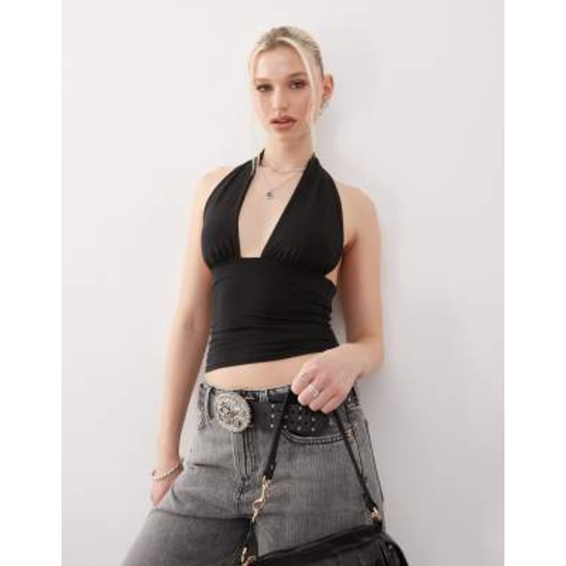 Weekday Aline deep halter neck top in black
