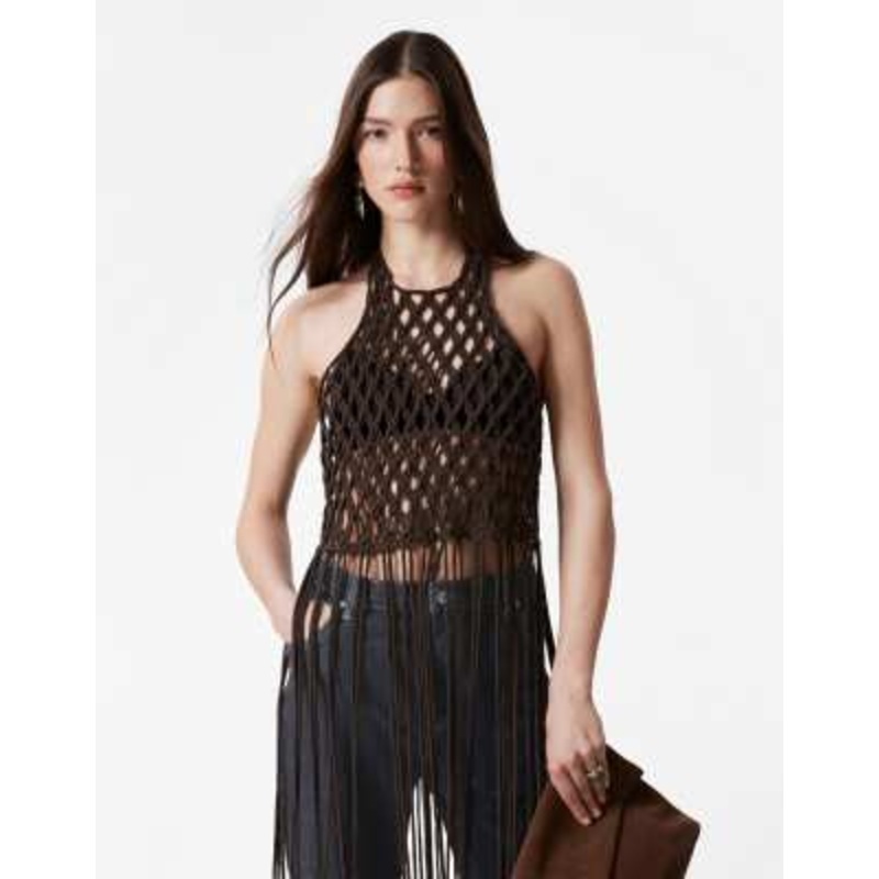 & Other Stories knitted open crochet top with maxi length fringing in dark brown