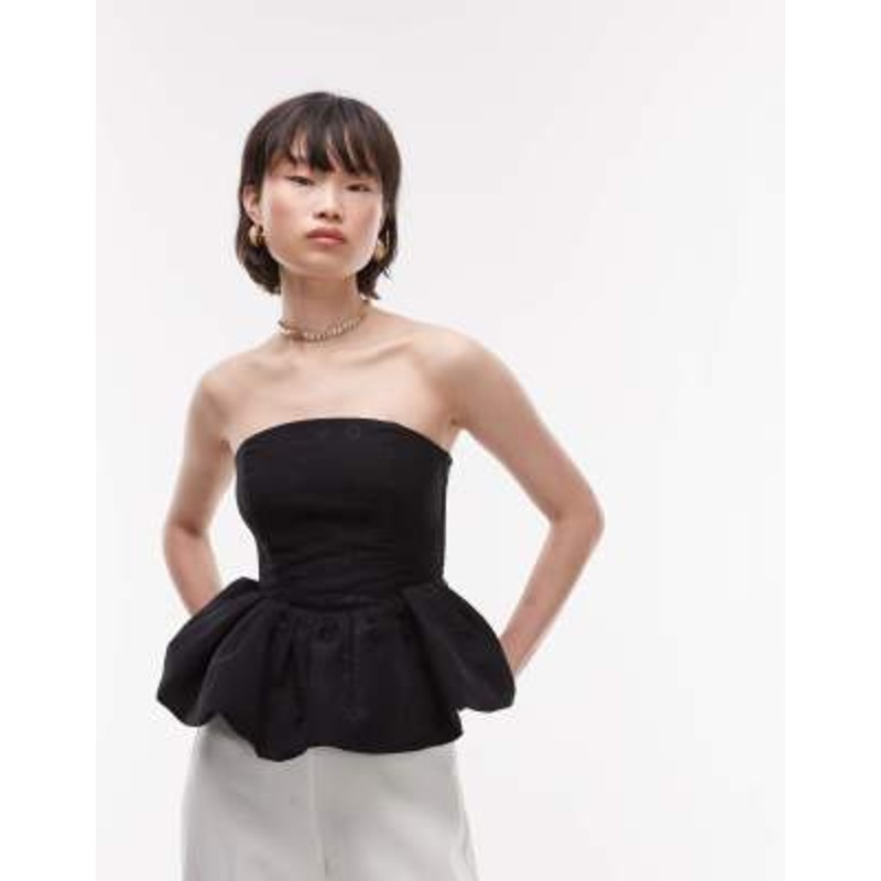 & Other Stories metallic floral brocade bandeau top with bubble hem in black