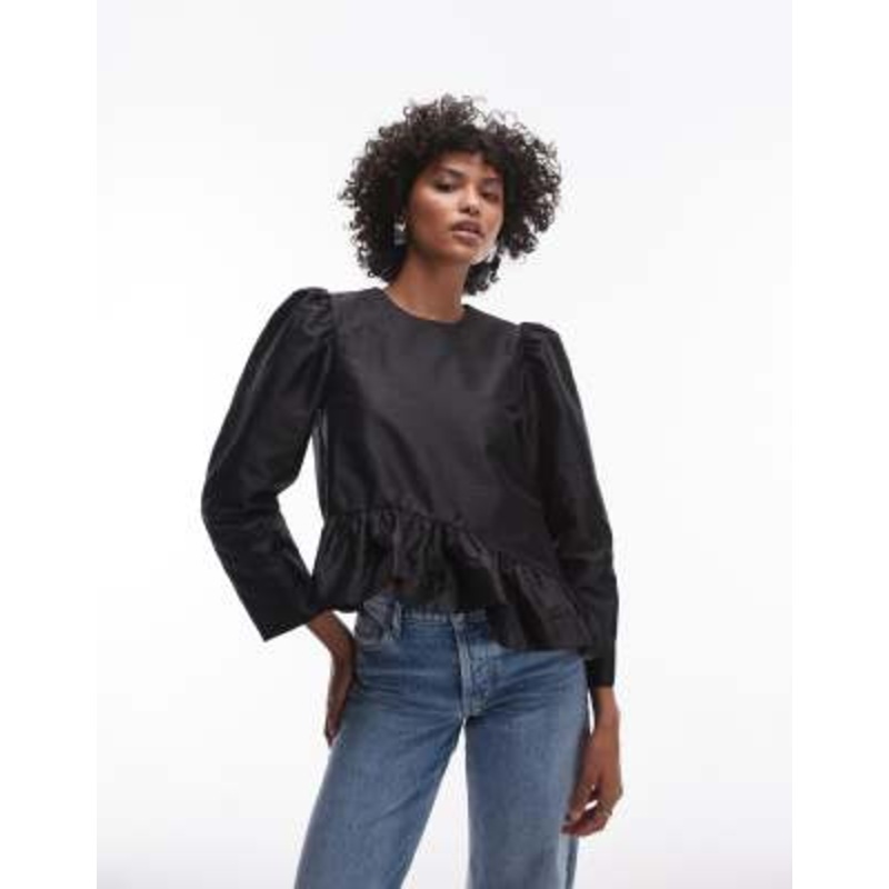 & Other Stories satin blouse with asymmetric frill hem in black