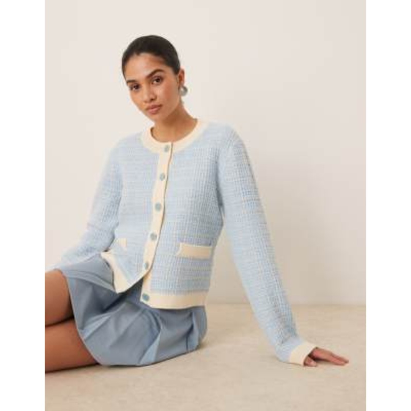 YAS Boucle plaid knit cardigan in cream and sky blue