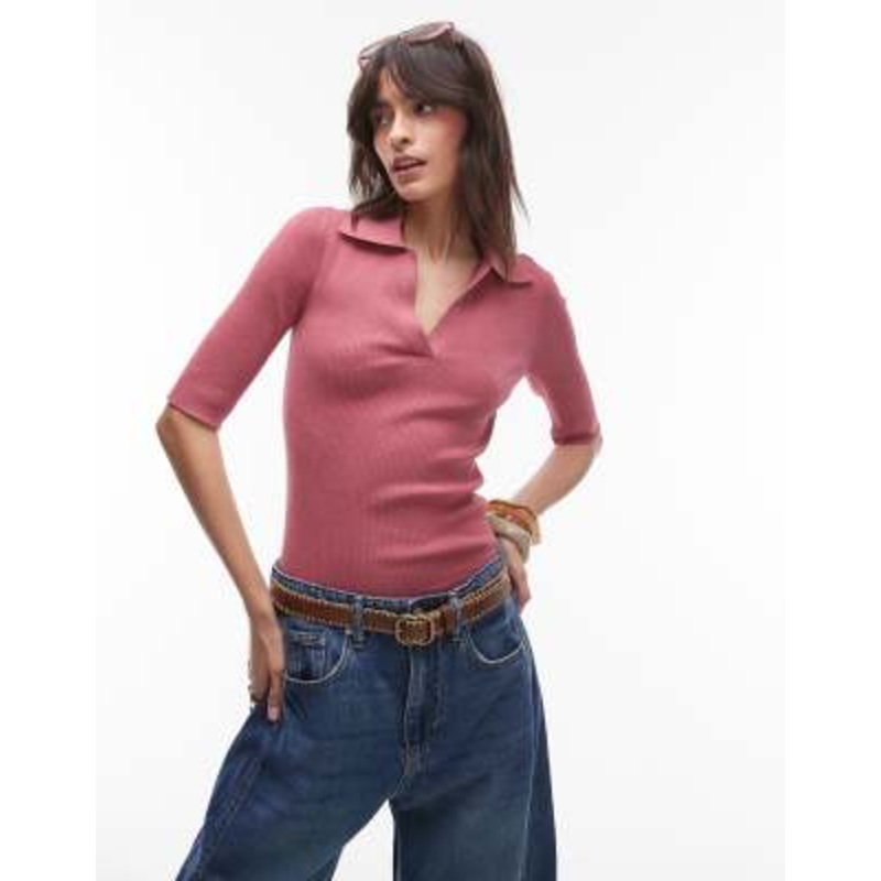 & Other Stories knit ribbed top with polo collar in pomegranate pink
