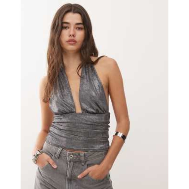 Weekday shimmer deep halter neck top in off-black