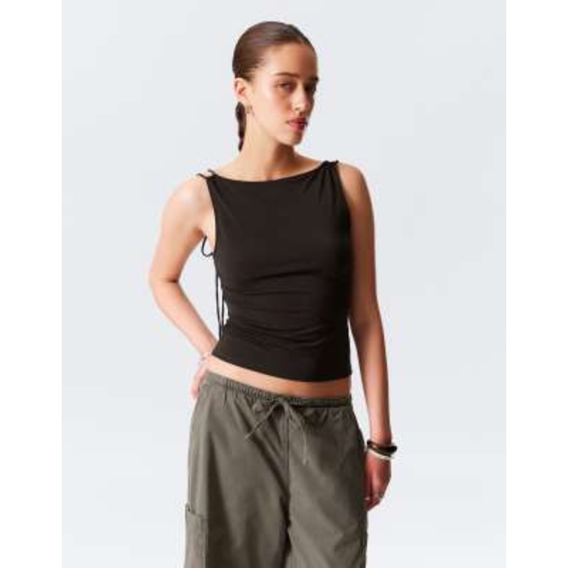 Weekday strappy boat neck top in dark brown