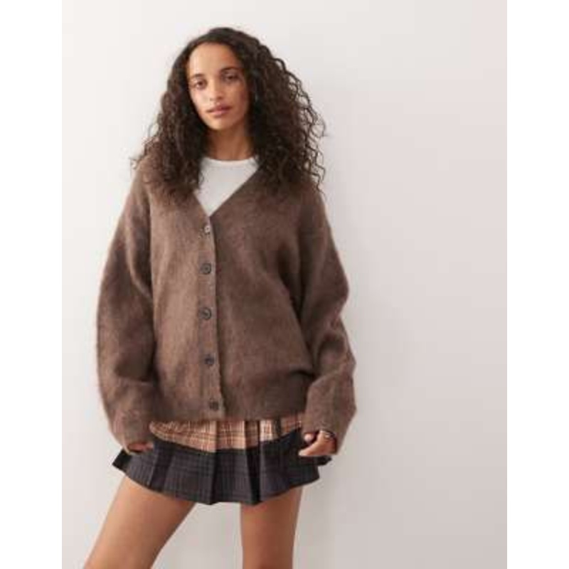 Weekday premium wool & mohair blend cardigan in mole melange