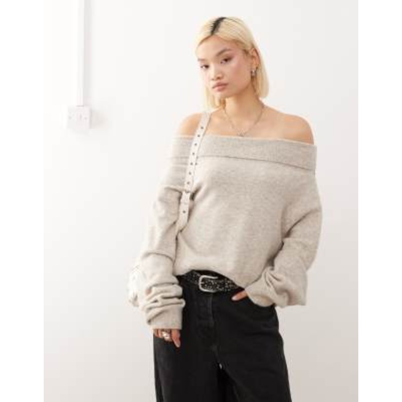 Weekday slouchy off the shoulder sweater in heathered beige – exclusive to