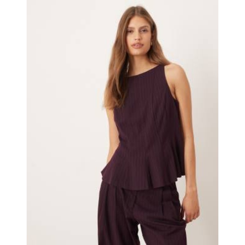 YAS peplum hem tailored top in burgundy pinstripe – part of a set