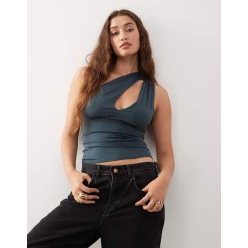 Weekday one shoulder top with slash detail in dark gray