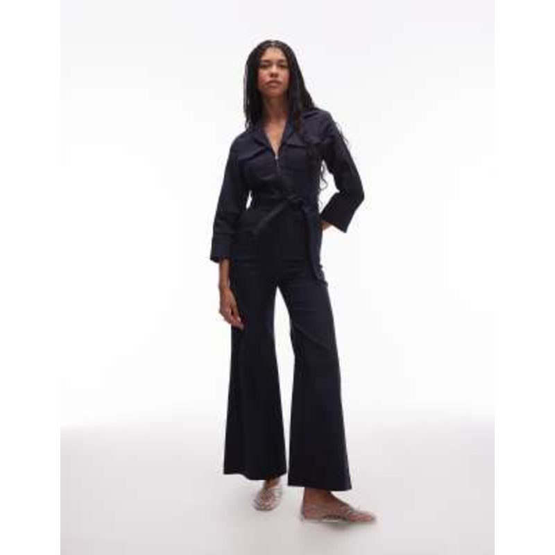 & Other Stories belted jumpsuit with patch pockets in navy blue