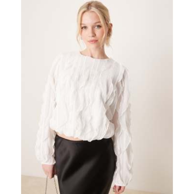 YAS ruffle textured detail top in white