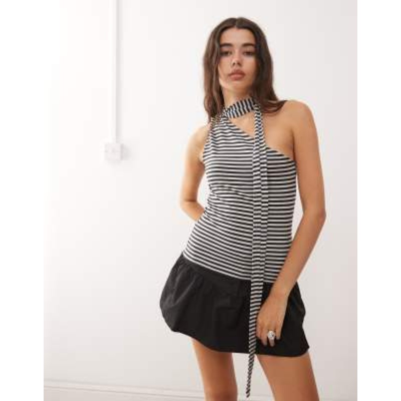 Weekday one shoulder halter top in off-black & gray stripe exclusive to
