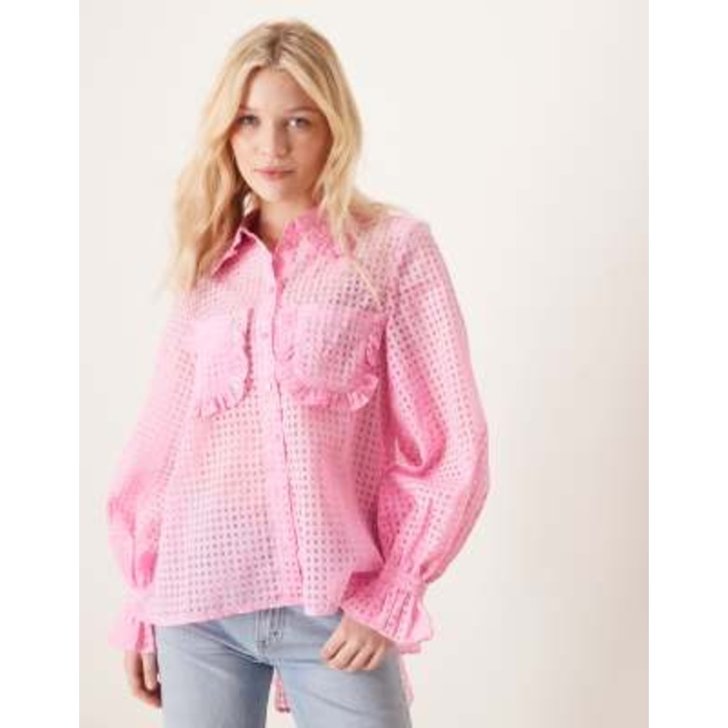 YAS sheer check ruffle trim detail shirt in light pink
