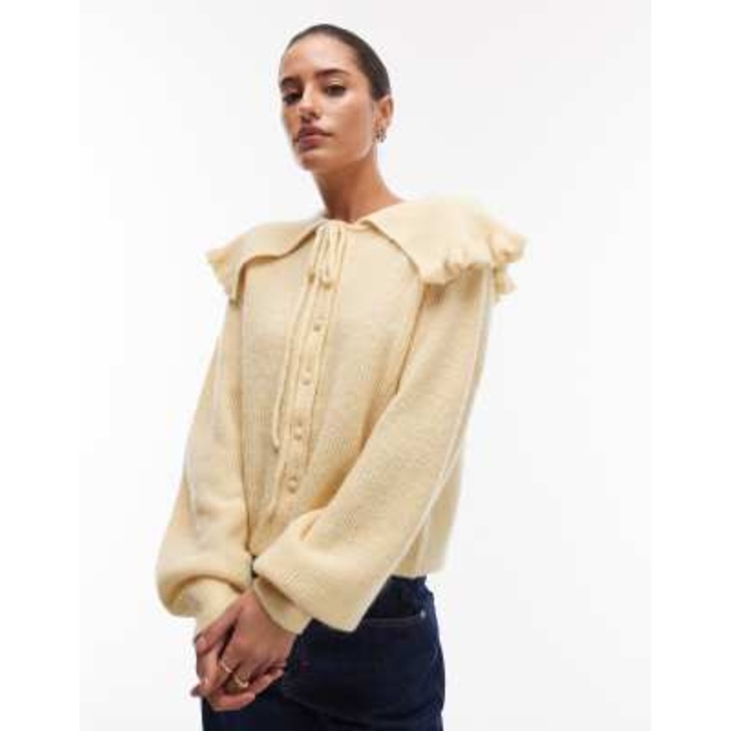 & Other Stories alpaca cardigan with large tie front collar in light yellow