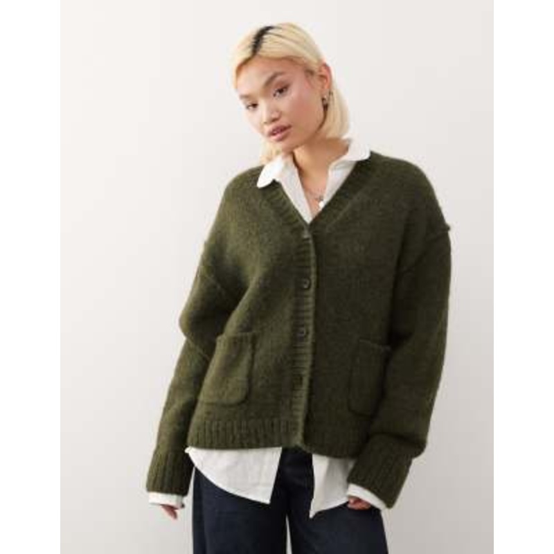Weekday wool blend relaxed fit v neck cardigan in heathered dark green