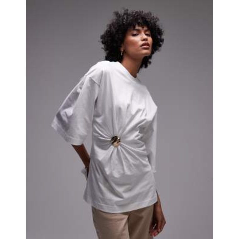& Other Stories oversized jersey top asymmetric gold clasp detail in white