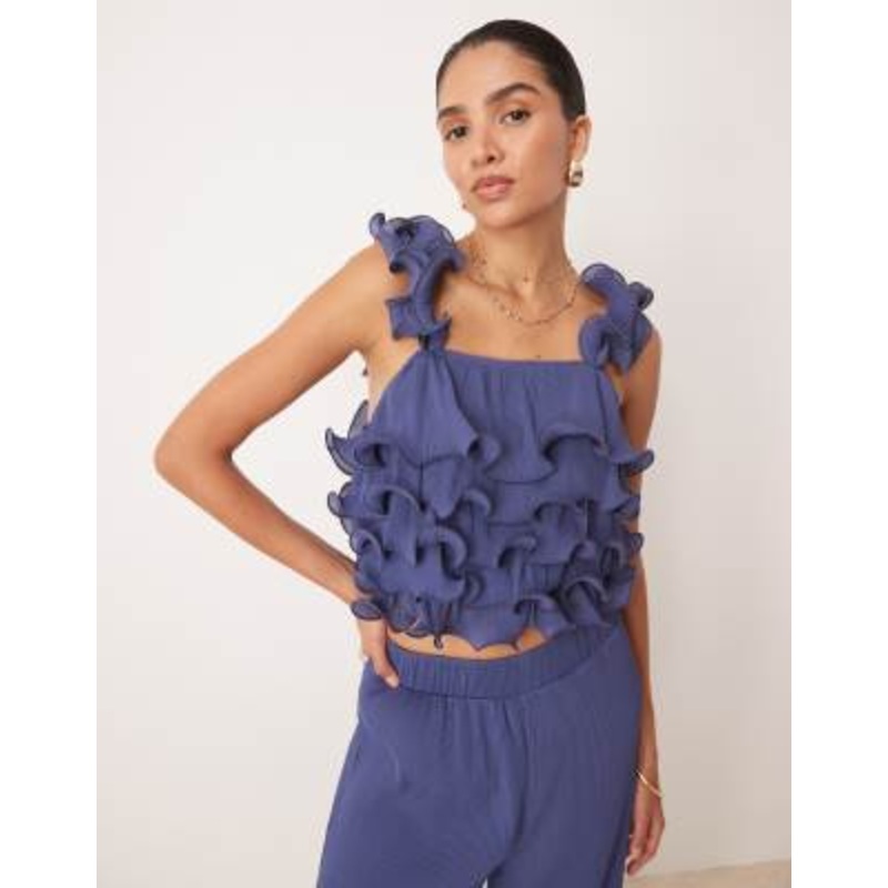 YAS structured frill top in deep blue – part of a set