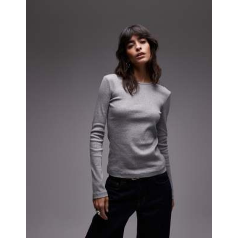 & Other Stories soft jersey ribbed long sleeve top in heather gray