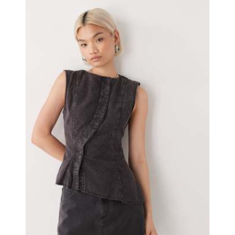 Weekday Ibis asymmetric peplum top with concealed buttons in washed dark gray
